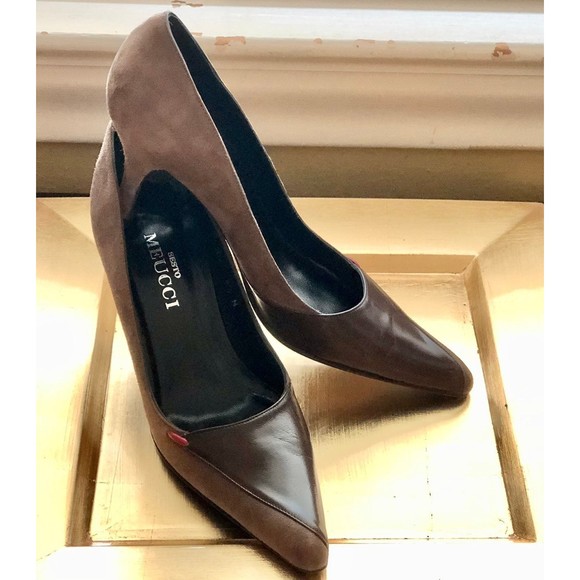 Sesto Meucci Brown Taupe Suede & Contrast Leather Pointy Toed Heels 6.5 N Narrow - Picture 3 of 12